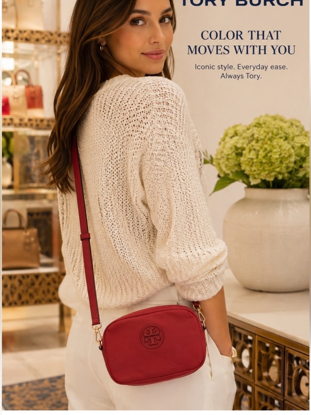Like New ~ Tory Burch Red Nylon Logo With Leather Strap Crossbody Bag
